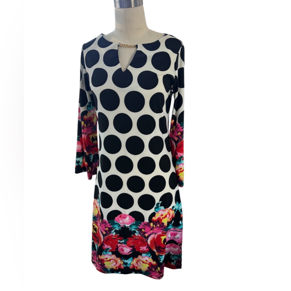 HAANI Black and White Polka Dot with Floral Bell Sleeve Dress Size S